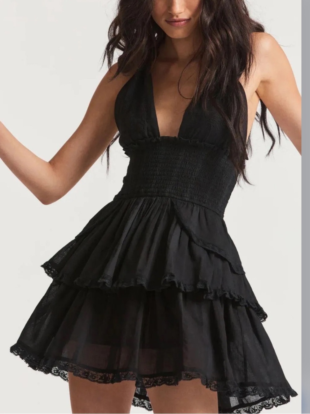 Love shack fancy black Deanna Halter mini tiered Dress M